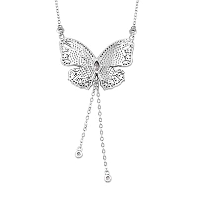 Simulated Ruby Color and White Diamond Butterfly Necklace in Rhodium Over Sterling Silver 18 Inches