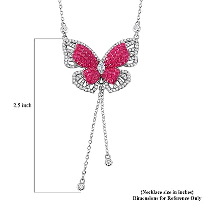 Simulated Ruby Color and White Diamond Butterfly Necklace in Rhodium Over Sterling Silver 18 Inches