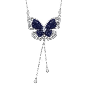 Simulated Blue and White Diamond Butterfly Necklace in Rhodium Over Sterling Silver 18 Inches