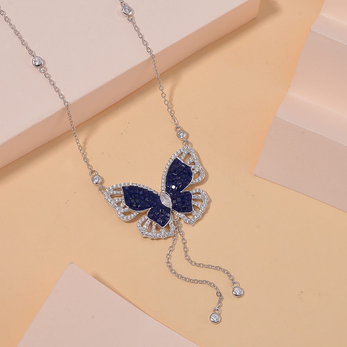 Simulated Blue and White Diamond Butterfly Necklace in Rhodium Over Sterling Silver 18 Inches image number 1