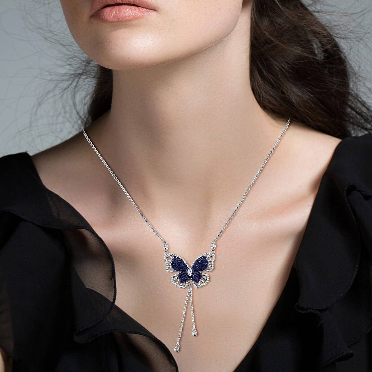 Simulated Blue and White Diamond Butterfly Necklace in Rhodium Over Sterling Silver 18 Inches image number 2