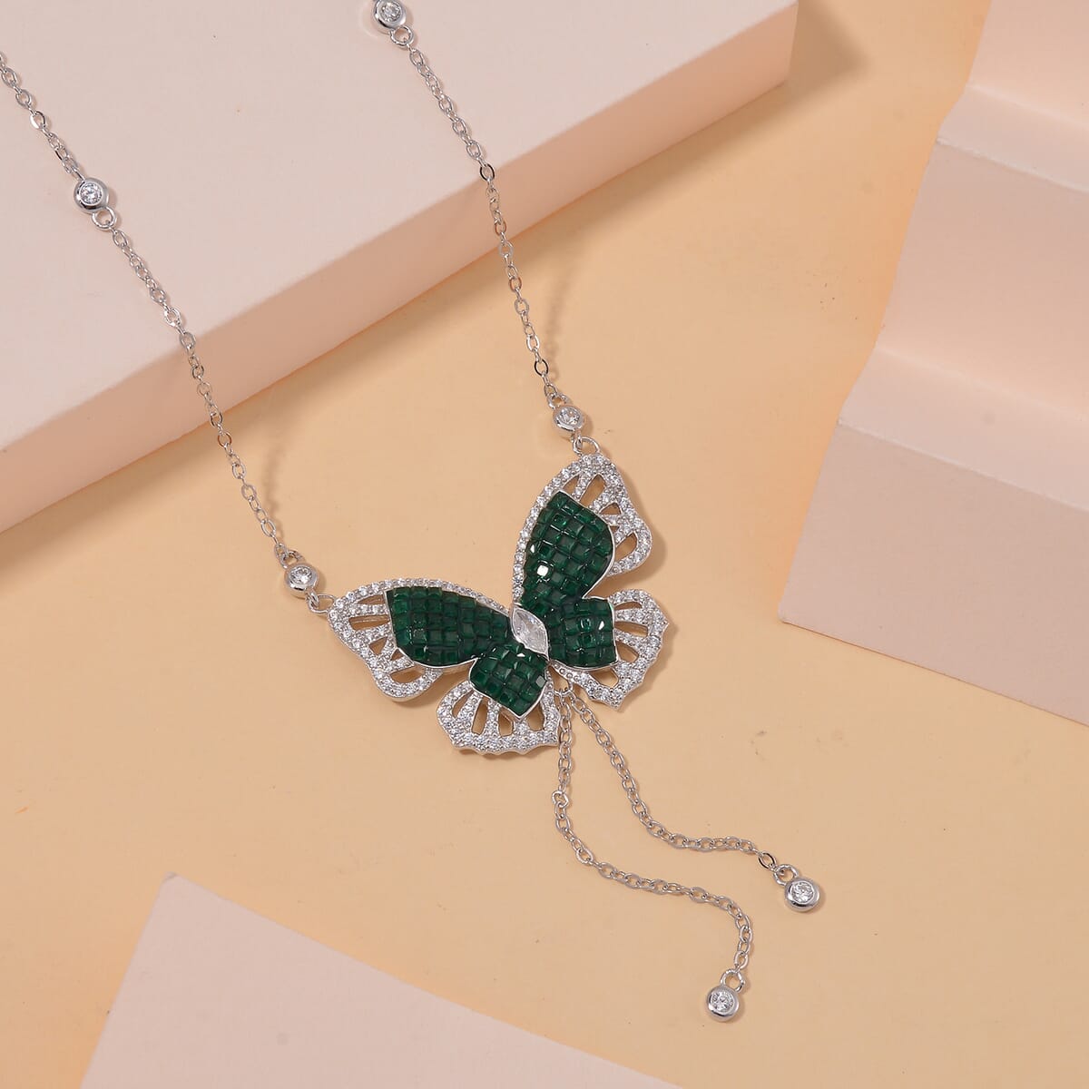 Simulated Green and White Diamond Butterfly Necklace in Rhodium Over Sterling Silver 18 Inches image number 1