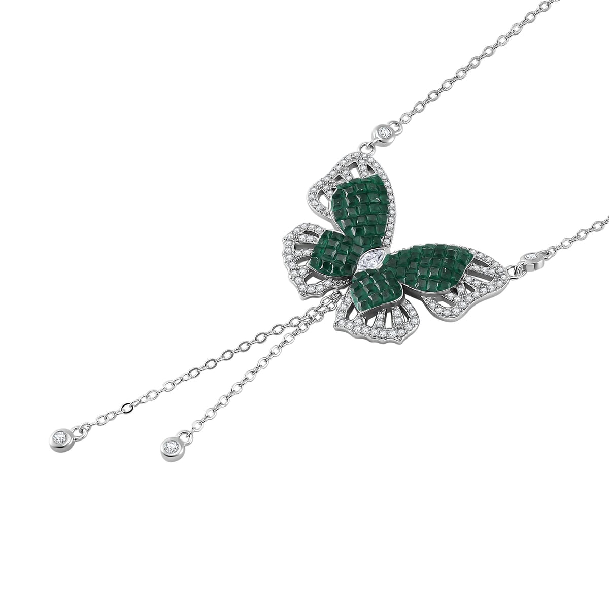 Simulated Green and White Diamond Butterfly Necklace in Rhodium Over Sterling Silver 18 Inches image number 3