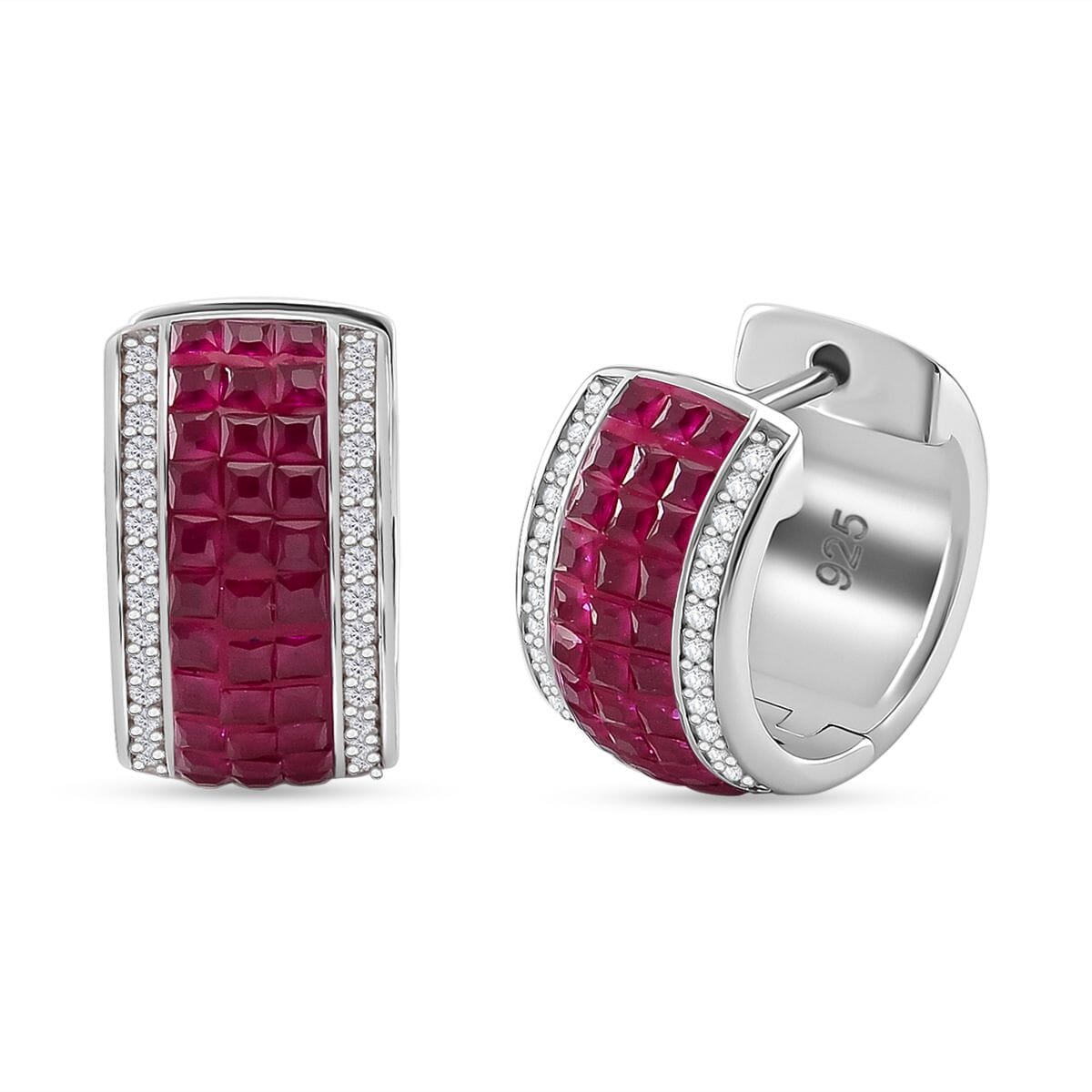 Simulated White and Ruby Color Diamond Hoop Earrings in Rhodium Over Sterling Silver image number 0