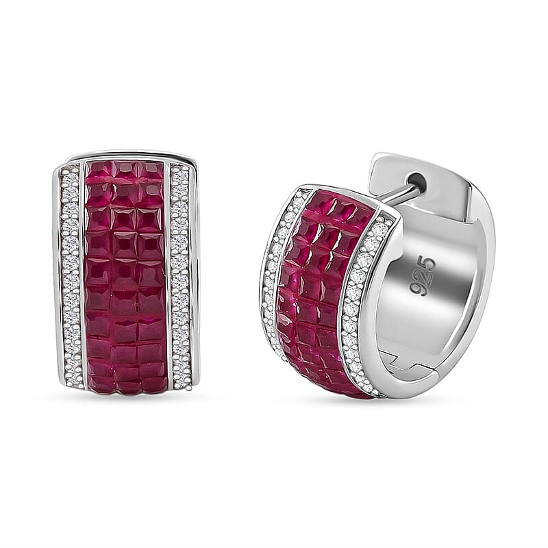 Simulated White and Ruby Color Diamond Hoop Earrings in Rhodium Over Sterling Silver