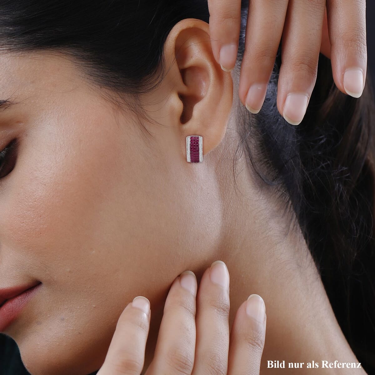 Simulated White and Ruby Color Diamond Hoop Earrings in Rhodium Over Sterling Silver image number 2