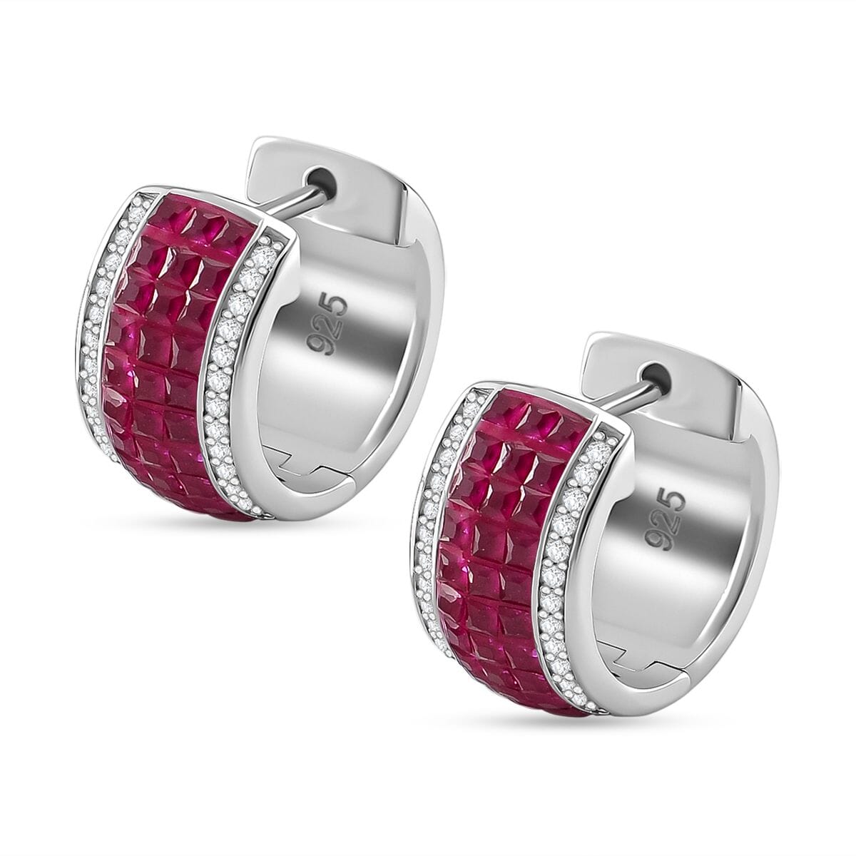 Simulated White and Ruby Color Diamond Hoop Earrings in Rhodium Over Sterling Silver image number 3