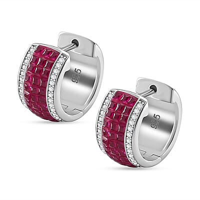 Simulated White and Ruby Color Diamond Hoop Earrings in Rhodium Over Sterling Silver