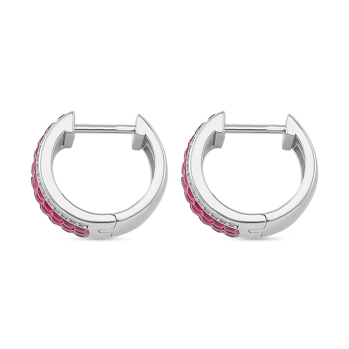 Simulated White and Ruby Color Diamond Hoop Earrings in Rhodium Over Sterling Silver image number 4
