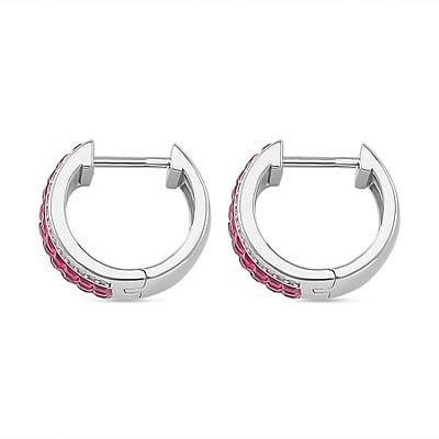 Simulated White and Ruby Color Diamond Hoop Earrings in Rhodium Over Sterling Silver