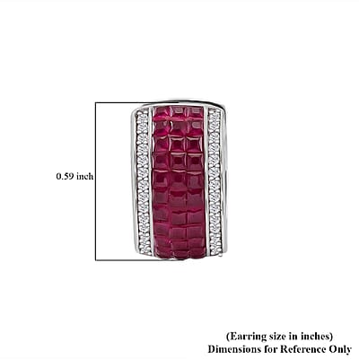 Simulated White and Ruby Color Diamond Hoop Earrings in Rhodium Over Sterling Silver