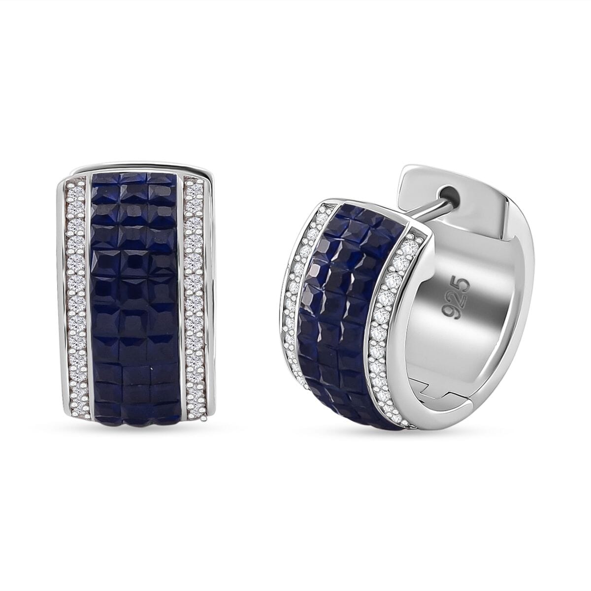 Simulated White and Blue Diamond Hoop Earrings in Rhodium Over Sterling Silver image number 0