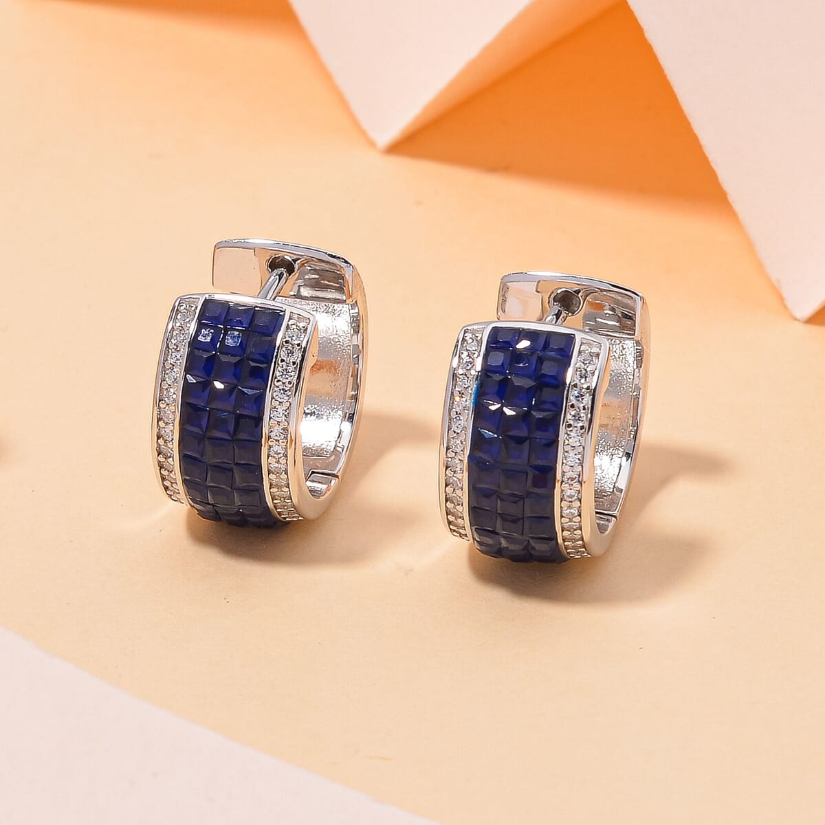 Simulated White and Blue Diamond Hoop Earrings in Rhodium Over Sterling Silver image number 1