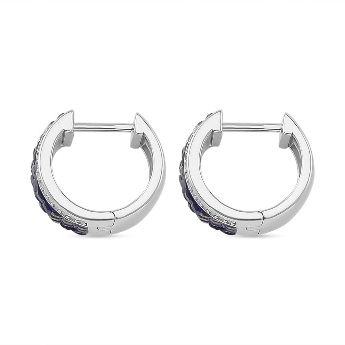 Simulated White and Blue Diamond Hoop Earrings in Rhodium Over Sterling Silver image number 4