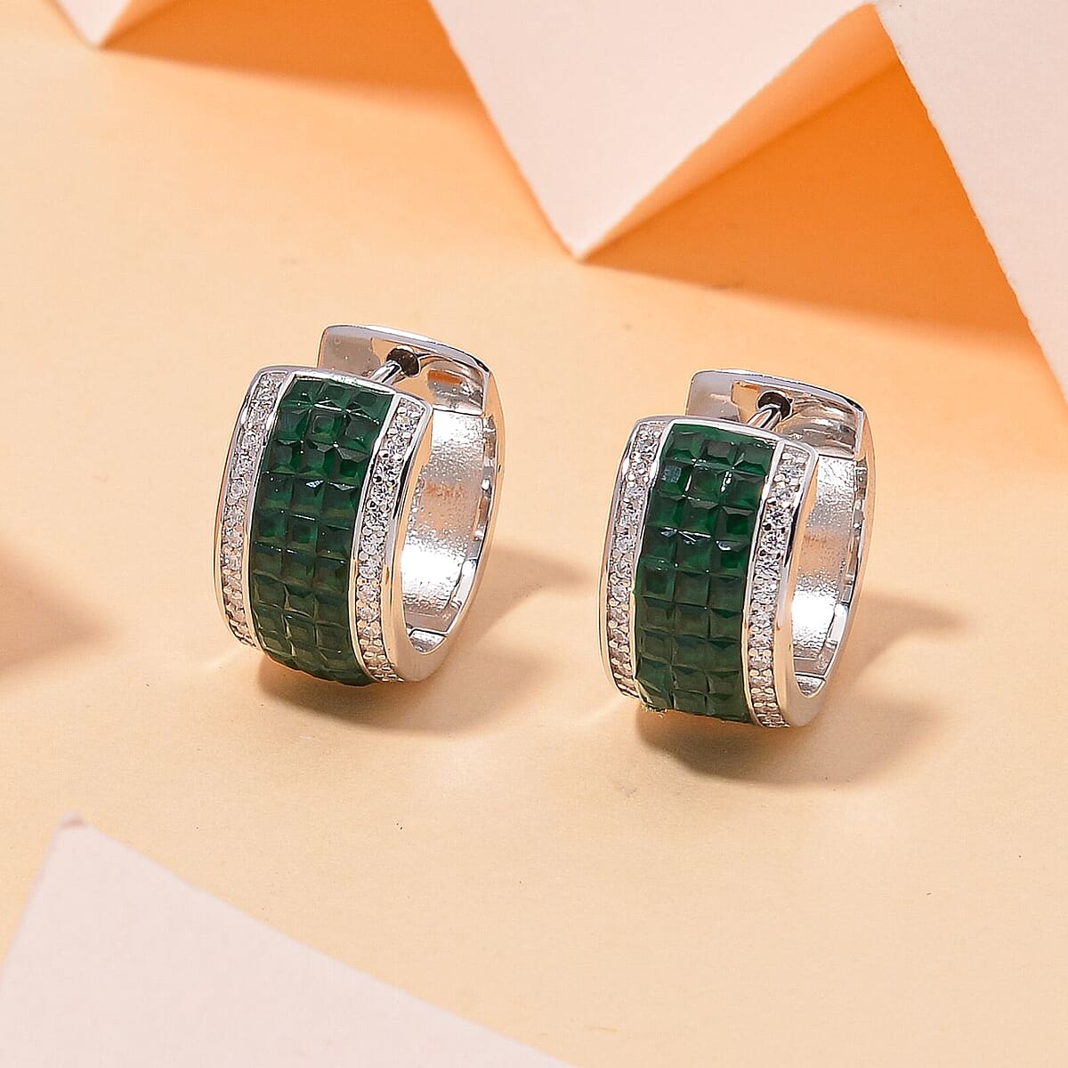 Simulated White and Green Diamond Hoop Earrings in Rhodium Over Sterling Silver image number 1