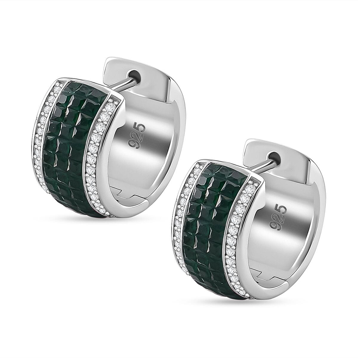 Simulated White and Green Diamond Hoop Earrings in Rhodium Over Sterling Silver image number 3