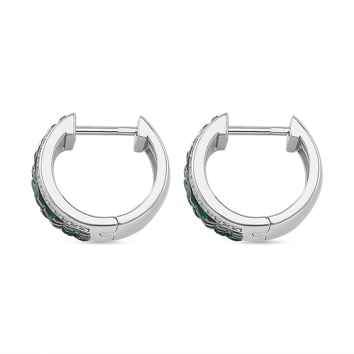 Simulated White and Green Diamond Hoop Earrings in Rhodium Over Sterling Silver image number 4
