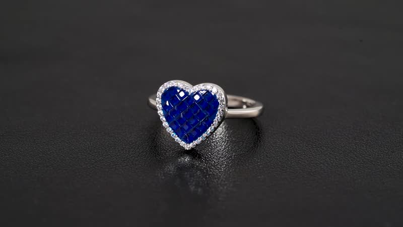 Simulated White and Blue Diamond Heart Ring in Rhodium Over Sterling Silver (Size 10.0) 0.80 ctw