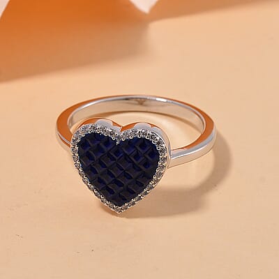Simulated White and Blue Diamond Heart Ring in Rhodium Over Sterling Silver (Size 10.0)