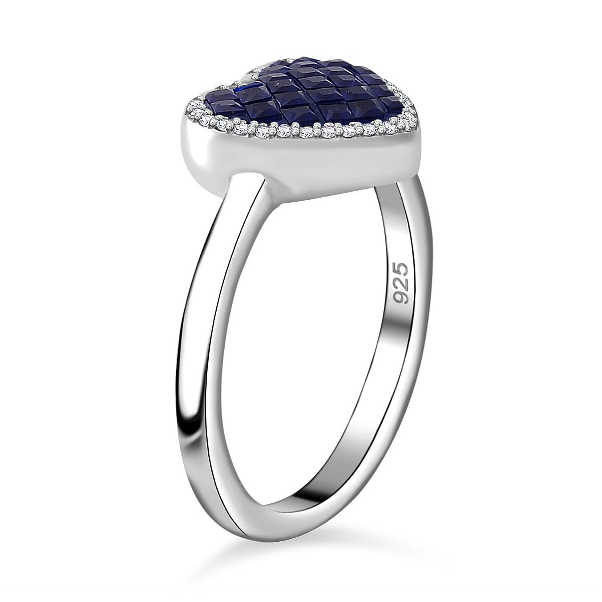 Simulated White and Blue Diamond Heart Ring in Rhodium Over Sterling Silver (Size 10.0)