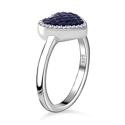 Simulated White and Blue Diamond Heart Ring in Rhodium Over Sterling Silver (Size 10.0)