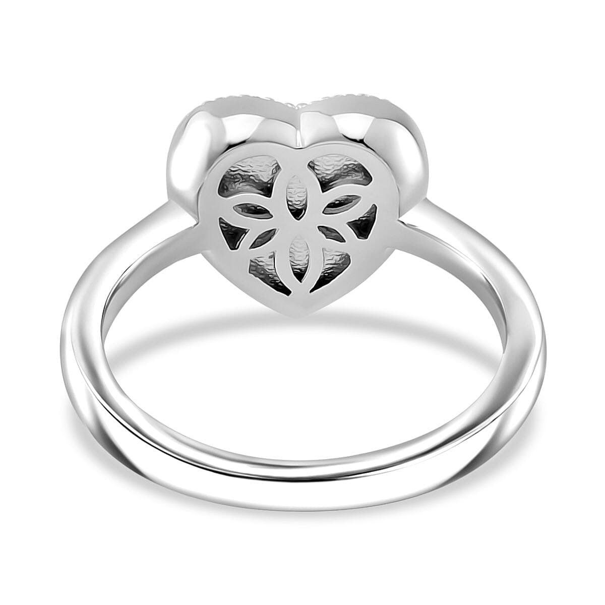 Simulated White and Blue Diamond Heart Ring in Rhodium Over Sterling Silver (Size 10.0)