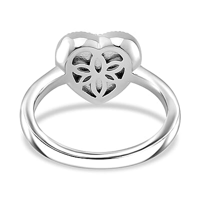 Simulated White and Blue Diamond Heart Ring in Rhodium Over Sterling Silver (Size 10.0)