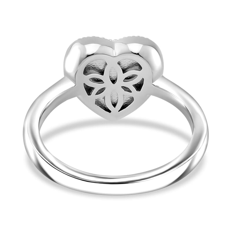 Simulated White and Blue Diamond Heart Ring in Rhodium Over Sterling Silver (Size 10.0)