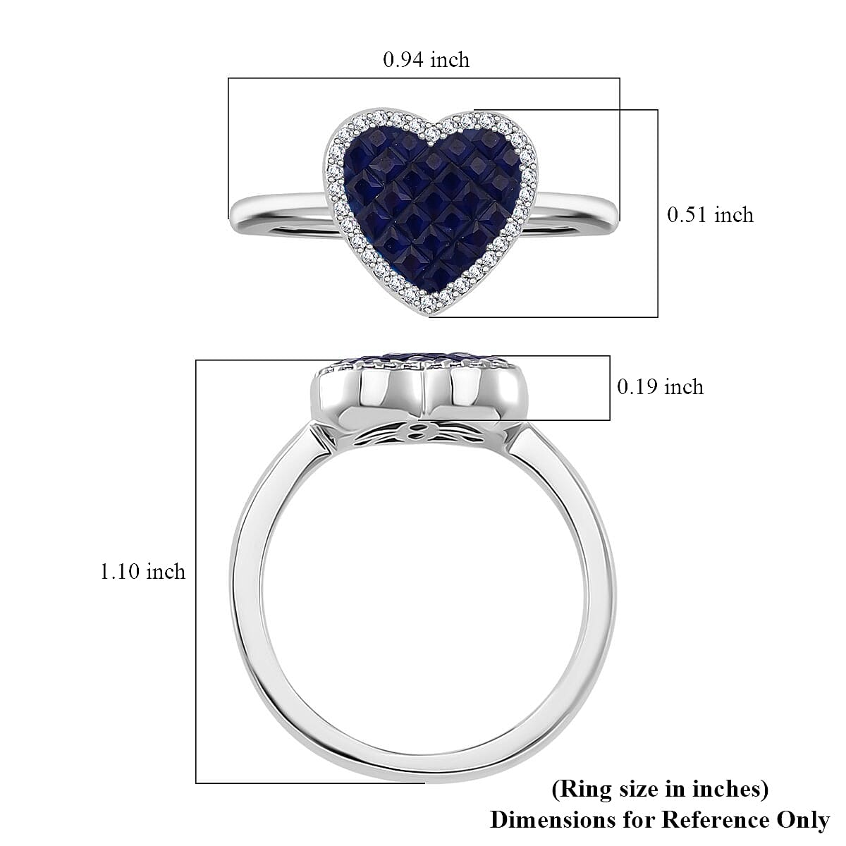 Simulated White and Blue Diamond Heart Ring in Rhodium Over Sterling Silver (Size 10.0)