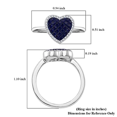 Simulated White and Blue Diamond Heart Ring in Rhodium Over Sterling Silver (Size 10.0)
