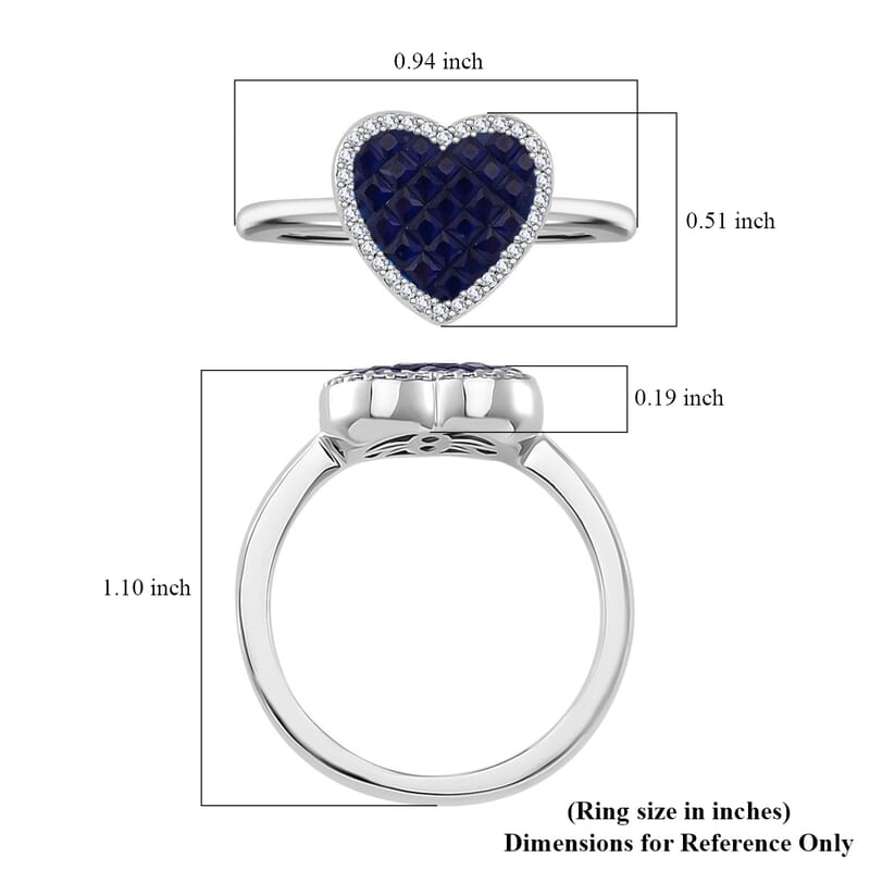 Simulated White and Blue Diamond Heart Ring in Rhodium Over Sterling Silver (Size 10.0)