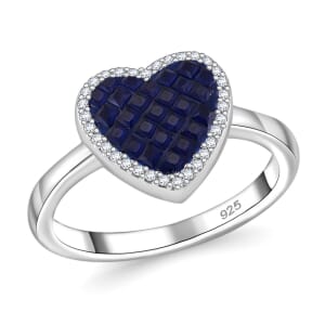 Simulated White and Blue Diamond Heart Ring in Rhodium Over Sterling Silver (Size 9.0)