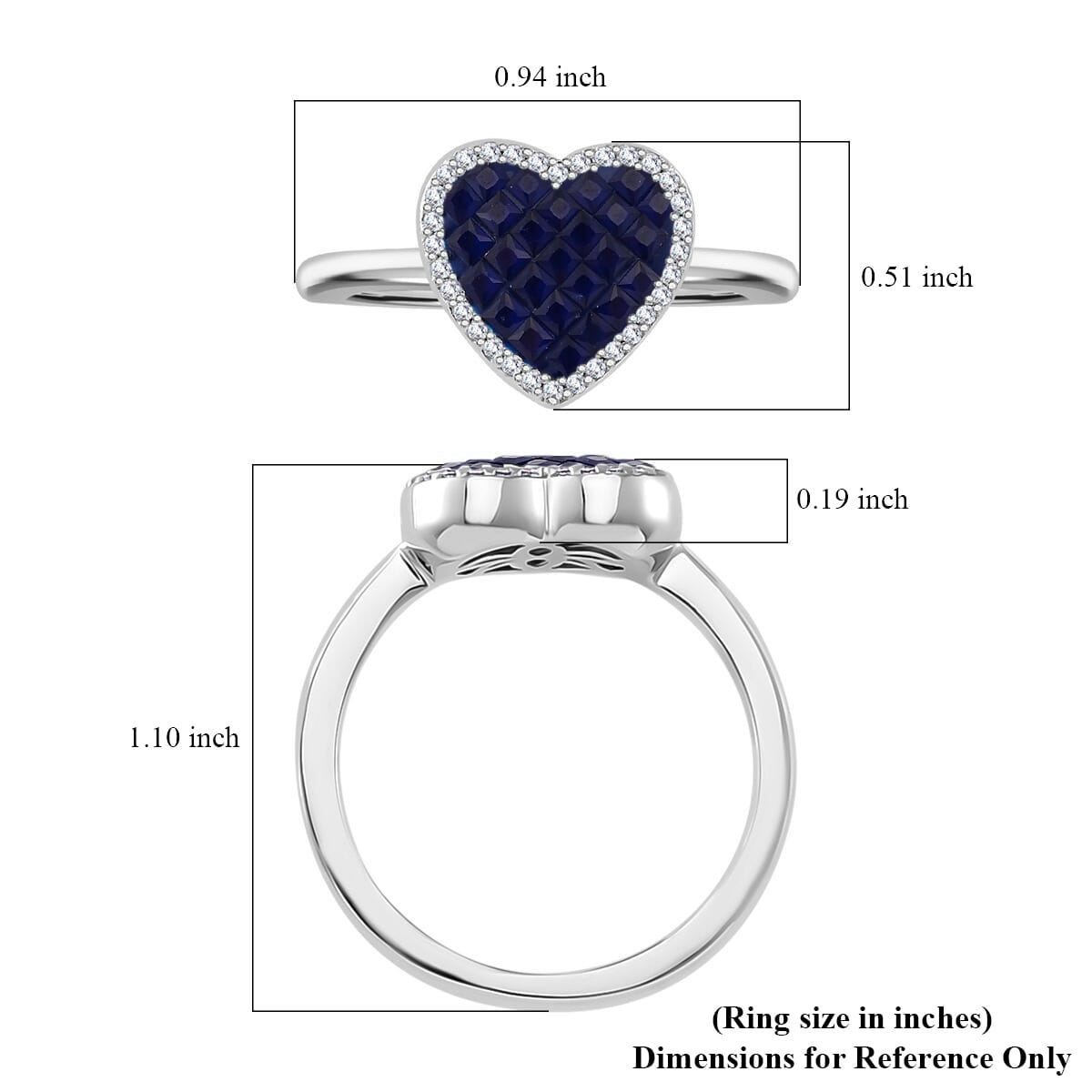 Simulated White and Blue Diamond Heart Ring in Rhodium Over Sterling Silver (Size 9.0) image number 5
