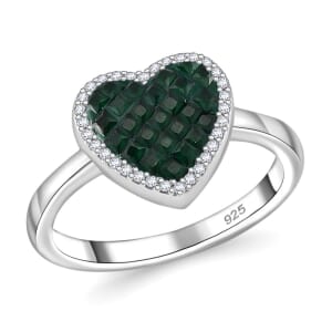 Simulated White and Green Diamond Heart Ring in Rhodium Over Sterling Silver (Size 10.0)