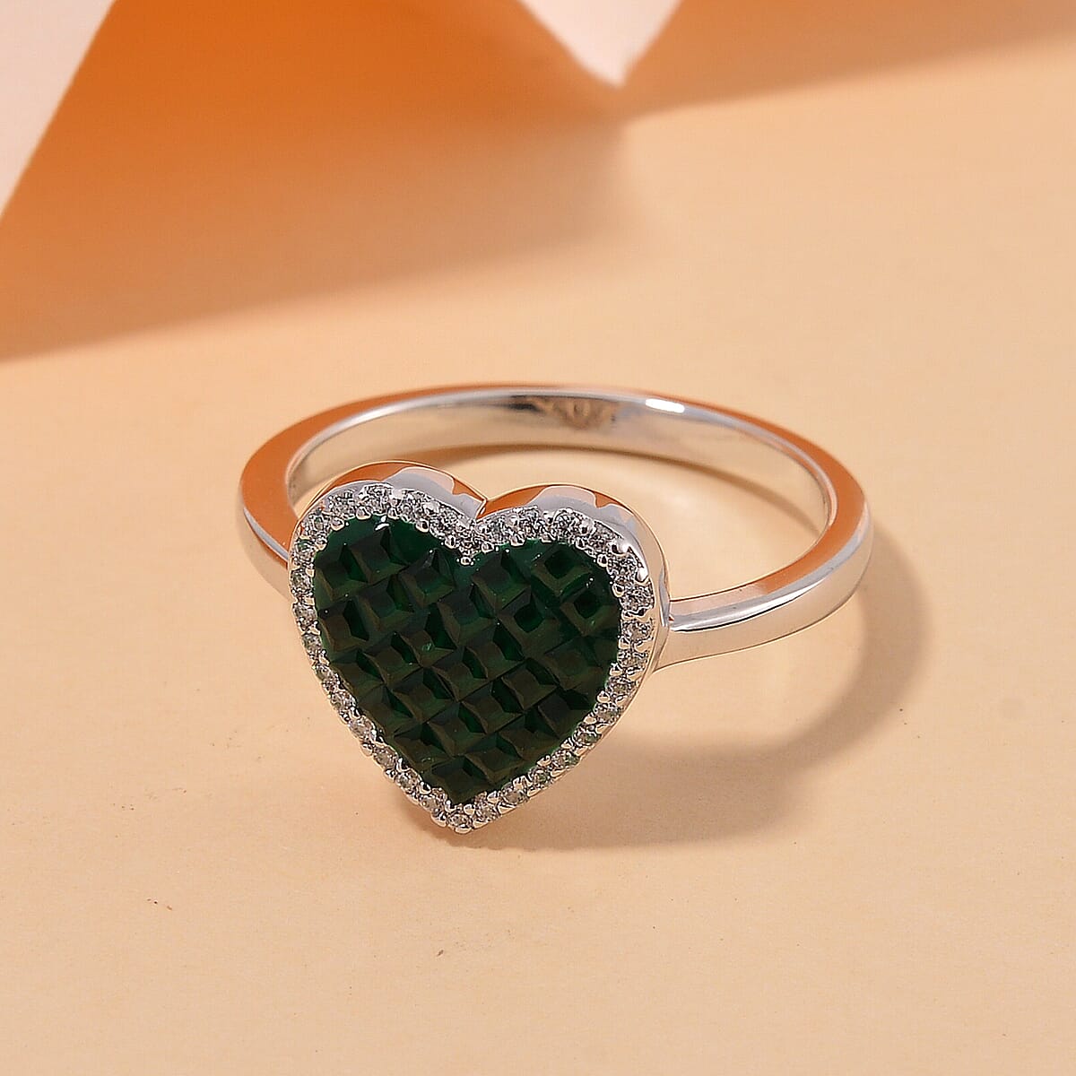 Simulated White and Green Diamond Heart Ring in Rhodium Over Sterling Silver (Size 10.0) image number 1