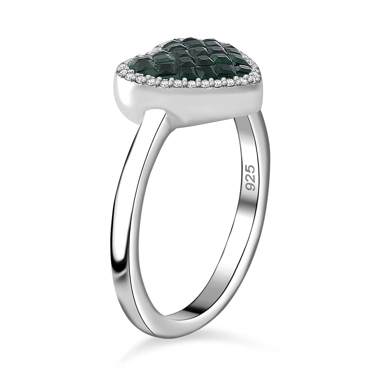 Simulated White and Green Diamond Heart Ring in Rhodium Over Sterling Silver (Size 10.0) image number 3