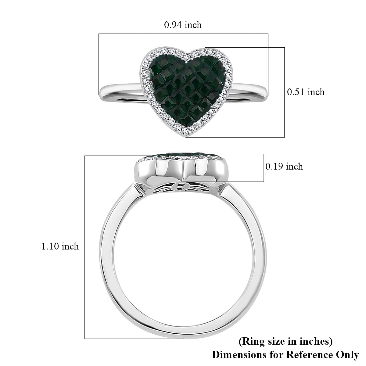 Simulated White and Green Diamond Heart Ring in Rhodium Over Sterling Silver (Size 10.0) image number 5