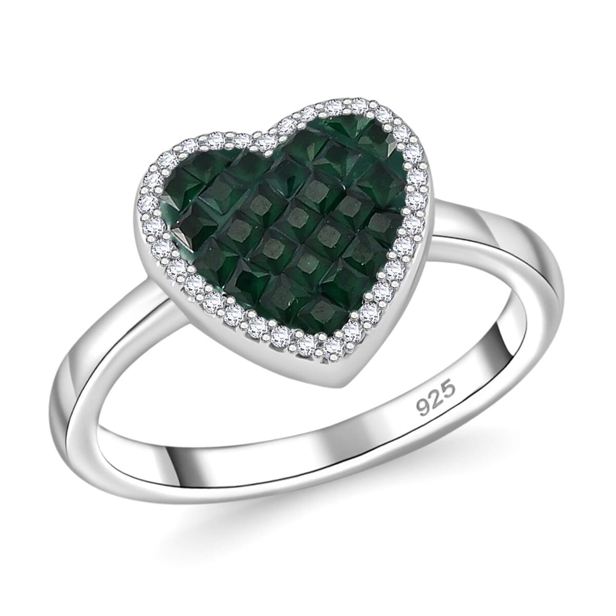 Simulated White and Green Diamond Heart Ring in Rhodium Over Sterling Silver (Size 5.0) image number 0