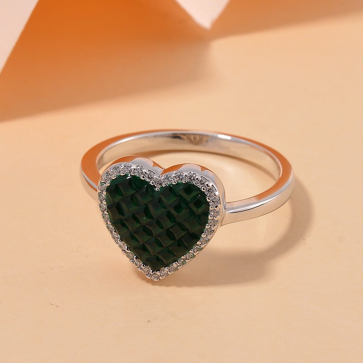 Simulated White and Green Diamond Heart Ring in Rhodium Over Sterling Silver (Size 5.0) image number 1