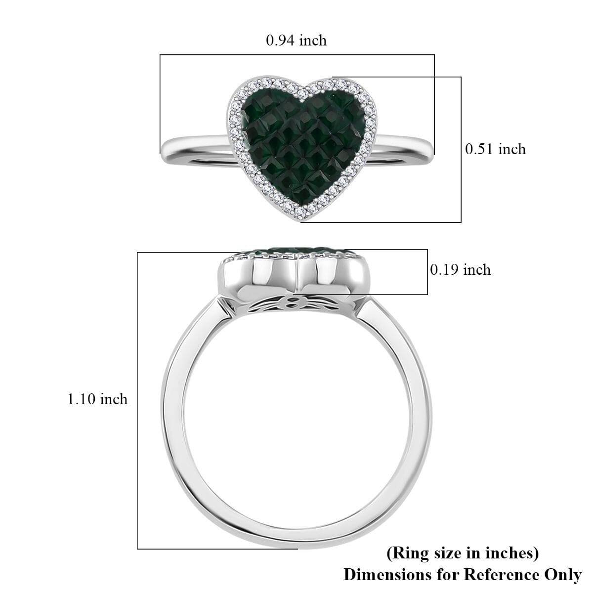 Simulated White and Green Diamond Heart Ring in Rhodium Over Sterling Silver (Size 5.0) image number 5