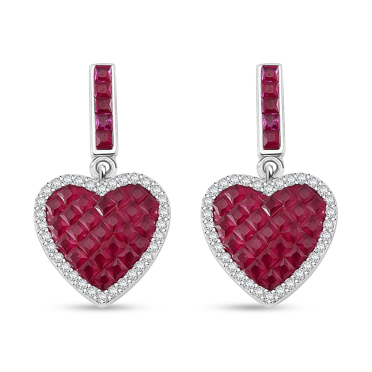Simulated White and Red Color Daimond Heart Earrings in Rhodium Over Sterling Silver