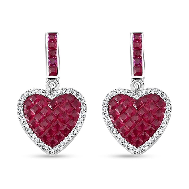 Simulated White and Red Color Daimond Heart Earrings in Rhodium Over Sterling Silver