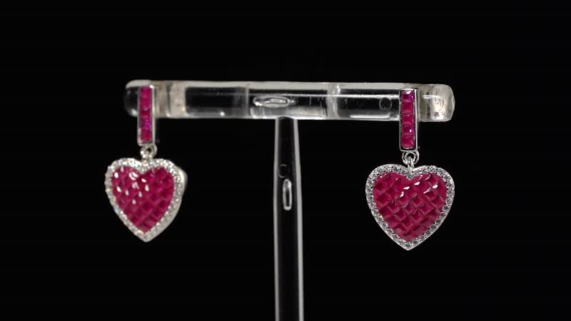 Simulated White and Red Color Daimond Heart Earrings in Rhodium Over Sterling Silver 2.10 ctw