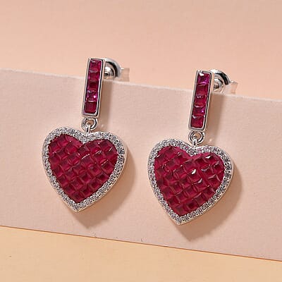 Simulated White and Red Color Daimond Heart Earrings in Rhodium Over Sterling Silver