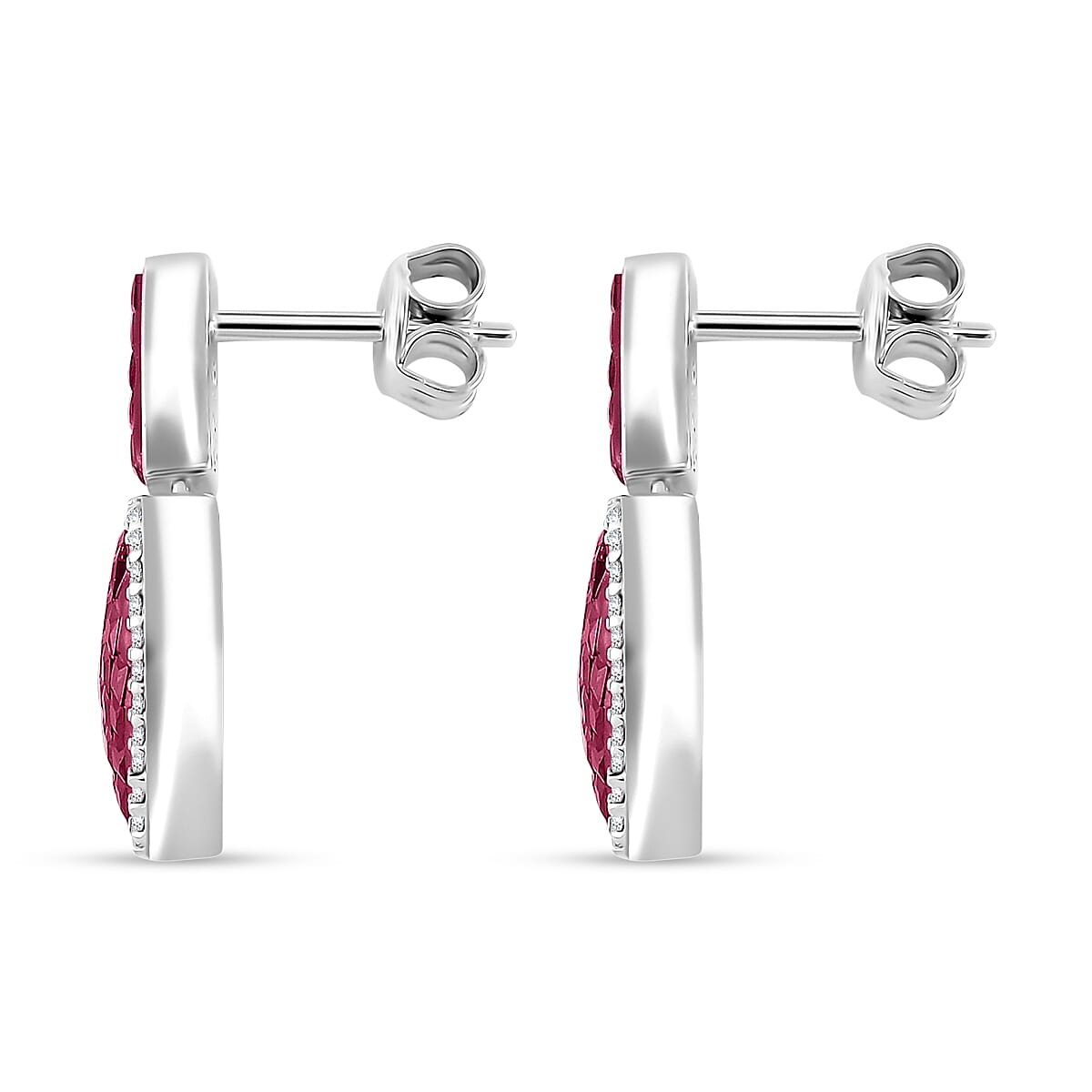 Simulated White and Red Color Daimond Heart Earrings in Rhodium Over Sterling Silver
