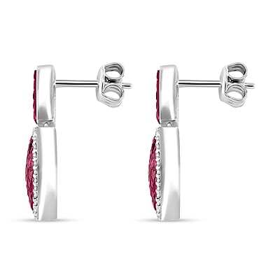 Simulated White and Red Color Daimond Heart Earrings in Rhodium Over Sterling Silver