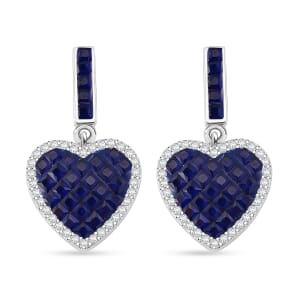 Simulated White and Blue Daimond Heart Earrings in Rhodium Over Sterling Silver