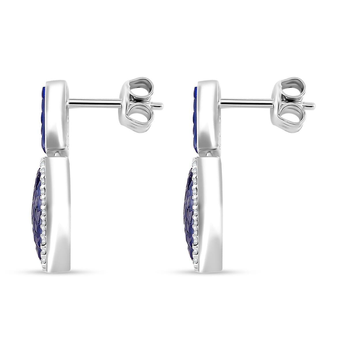 Simulated White and Blue Daimond Heart Earrings in Rhodium Over Sterling Silver image number 3