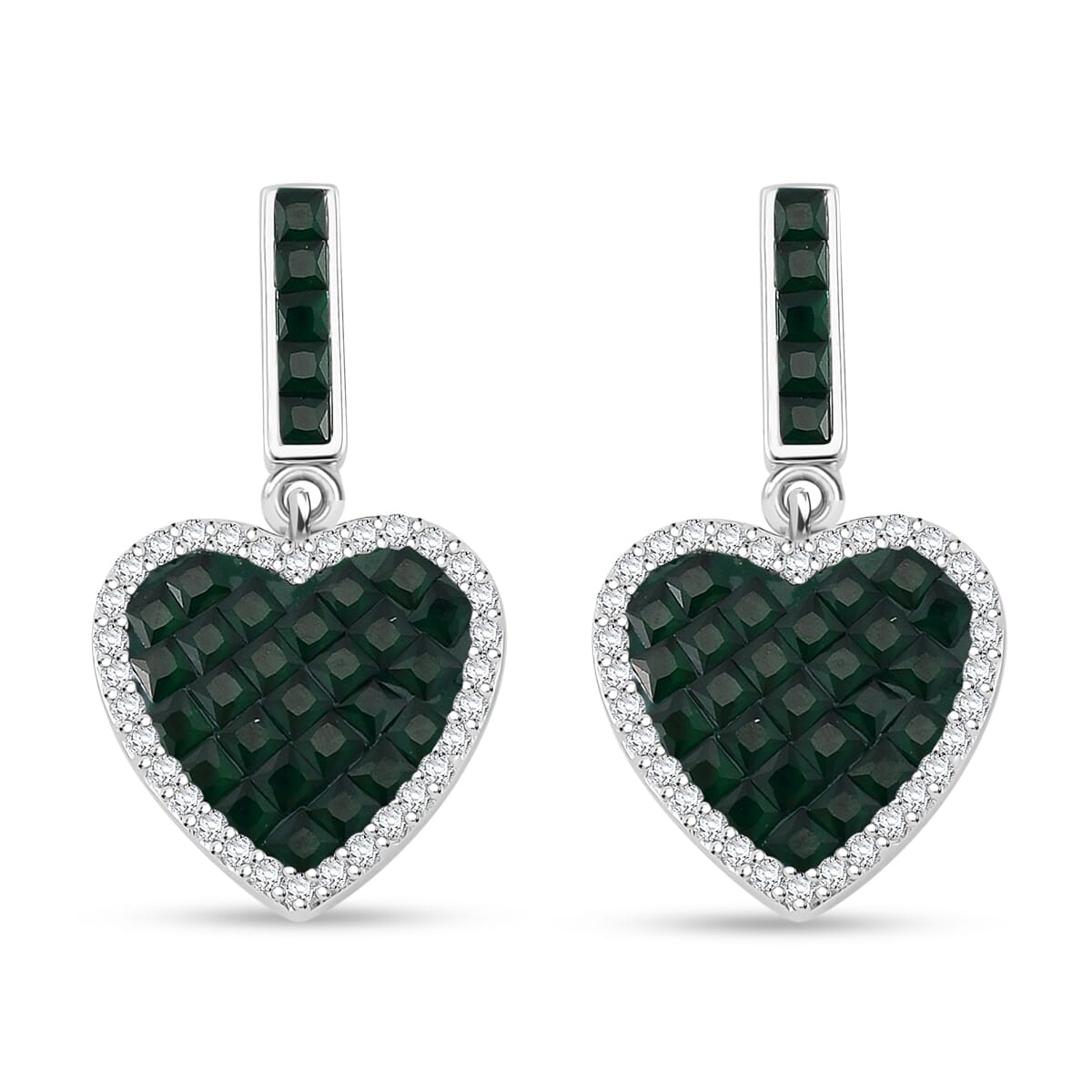 Simulated White and Green Daimond Heart Earrings in Rhodium Over Sterling Silver image number 0