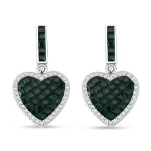 Simulated White and Green Daimond Heart Earrings in Rhodium Over Sterling Silver